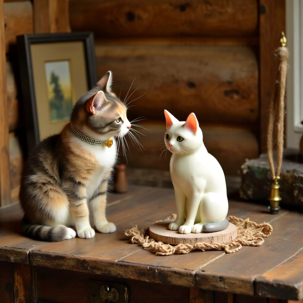 Tiny Pearl Cat Contemplates Porcelain Twin