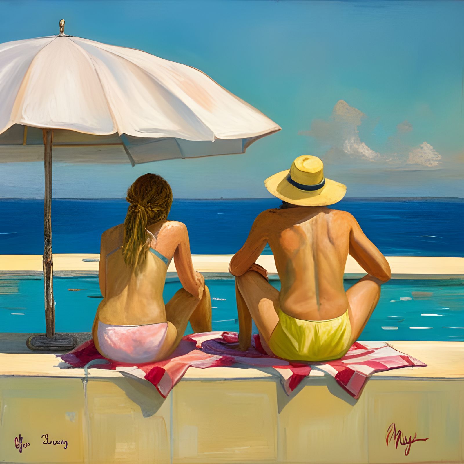 Friends Relaxing by the Pool in Oil Painting Style