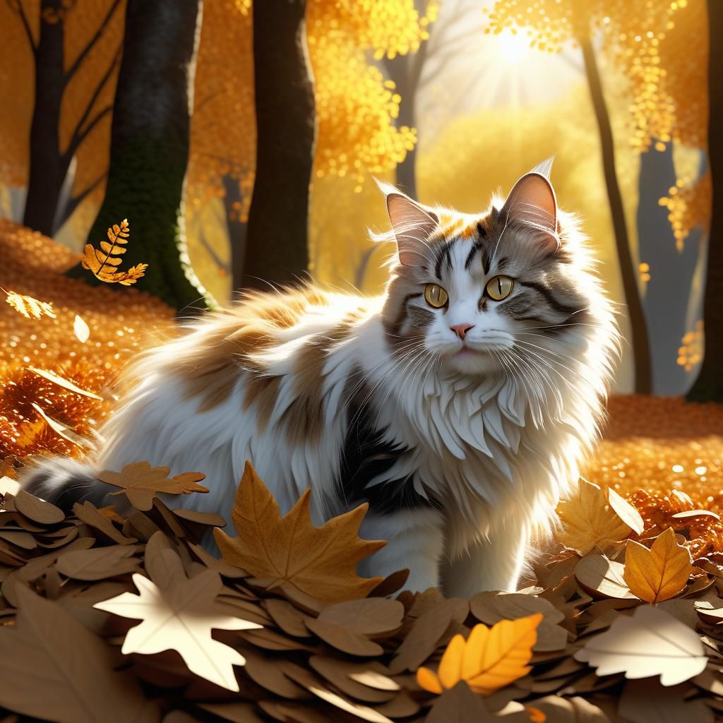 Angora Cat Plays in Autumn Forest: Digital Painting