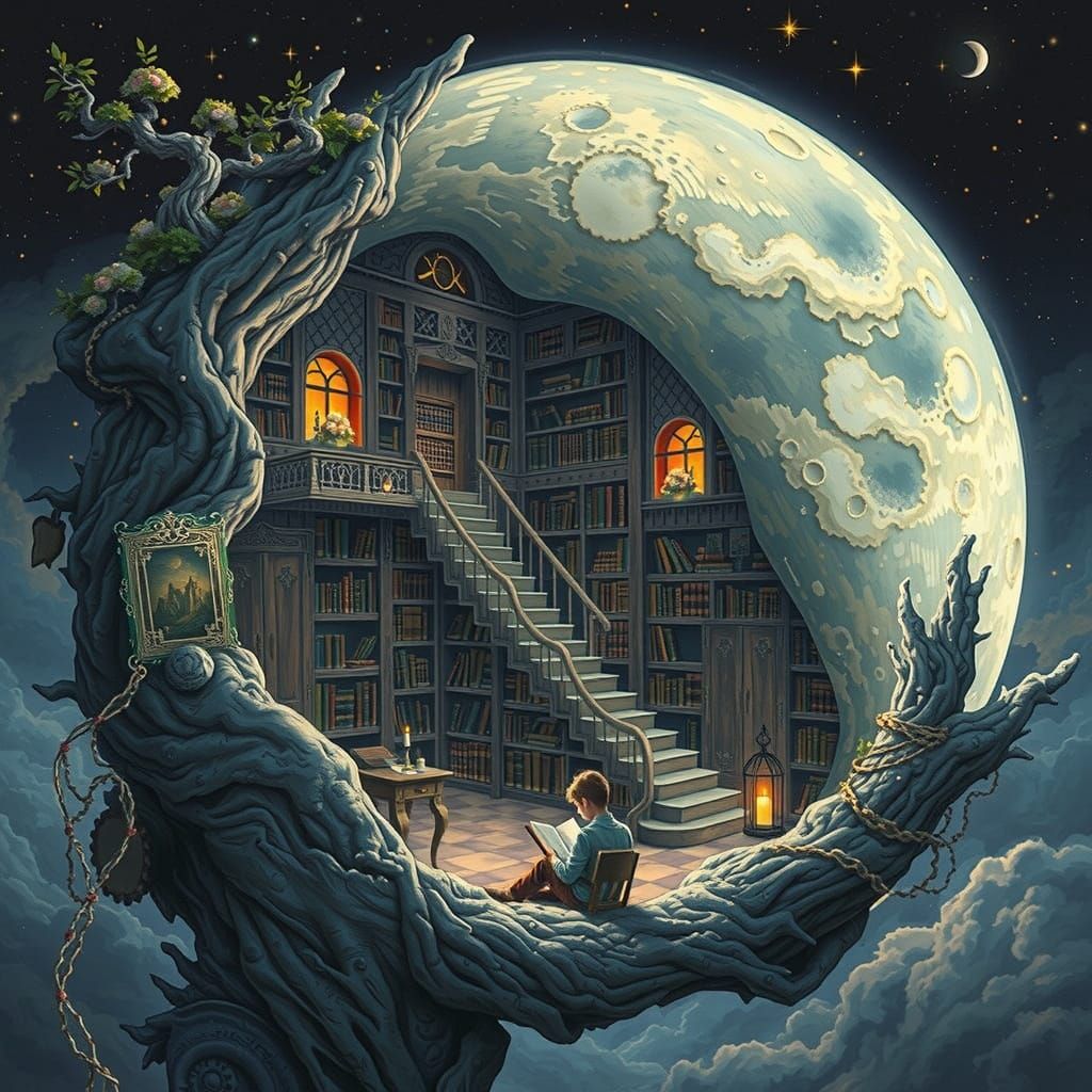 Boy in Surreal Lunar Library