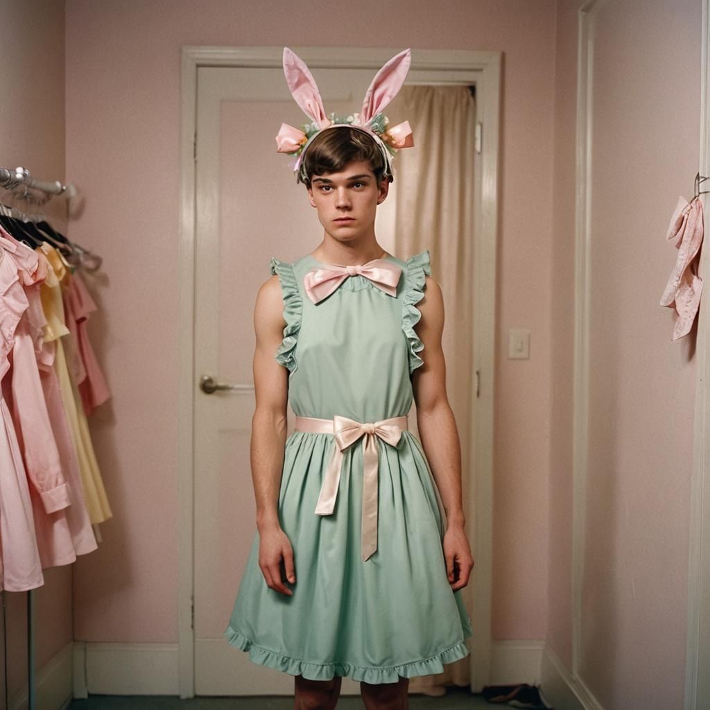Boy in Easter Dress Fixing Bow, Cinematic Style
