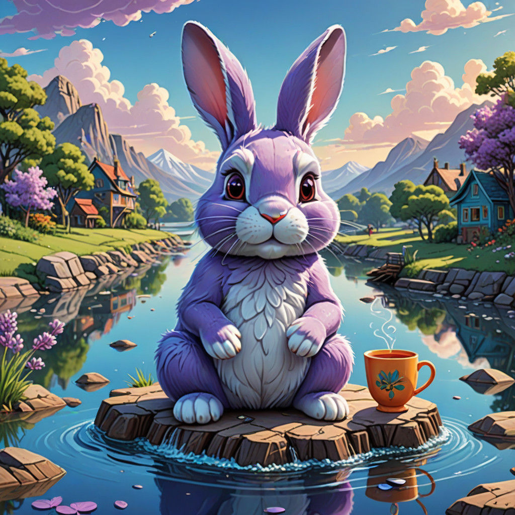 Whimsical Bunny Sips Tea in a Serene Landscape