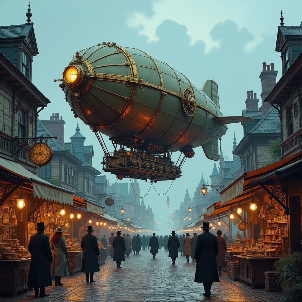 Steampunk Dirigible Over Victorian Marketplace