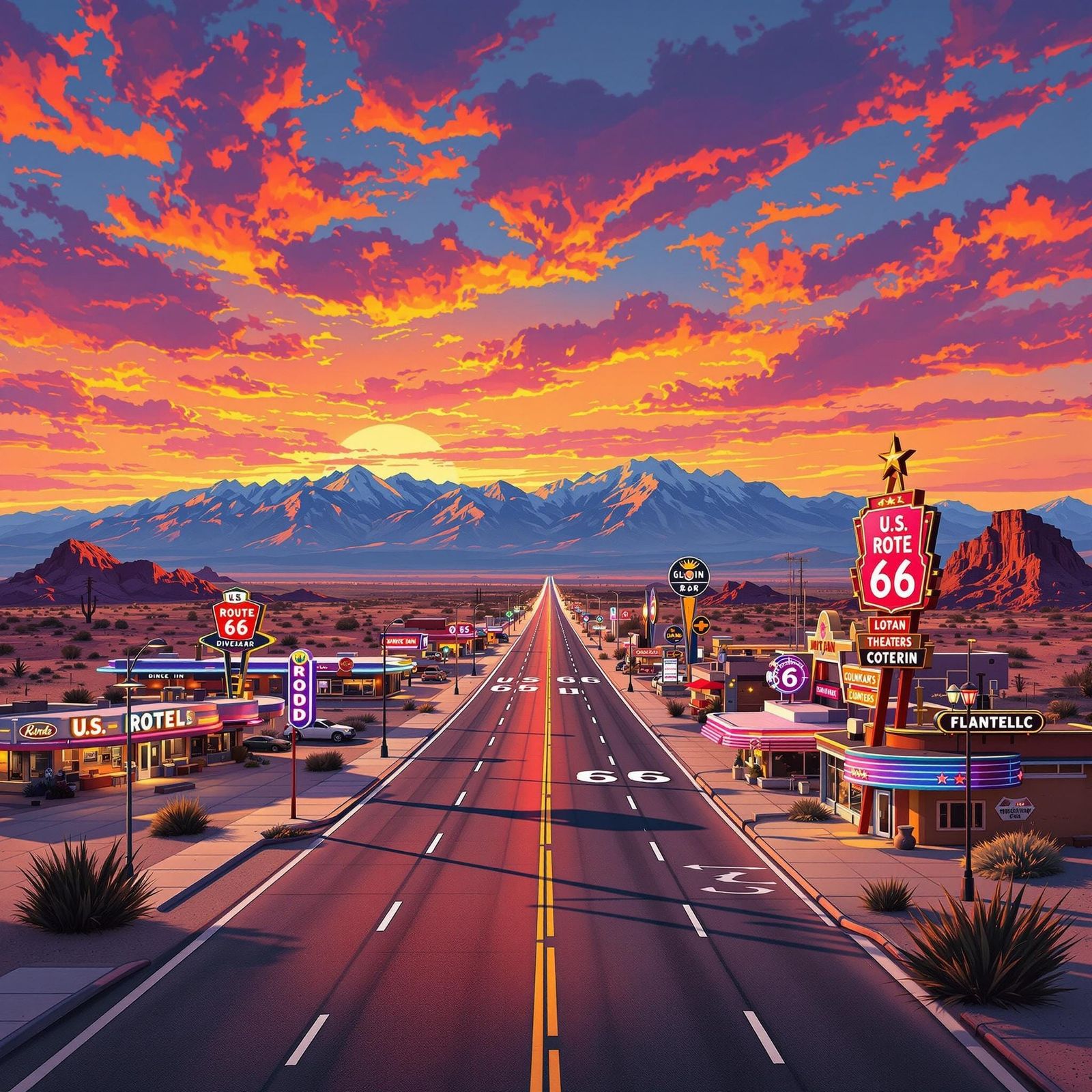 U.S. Route 66 Sunset Vista in Retro Style