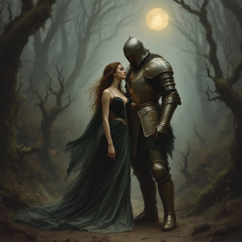 Warrior Protects Maiden in Moonlit Ancient Forest