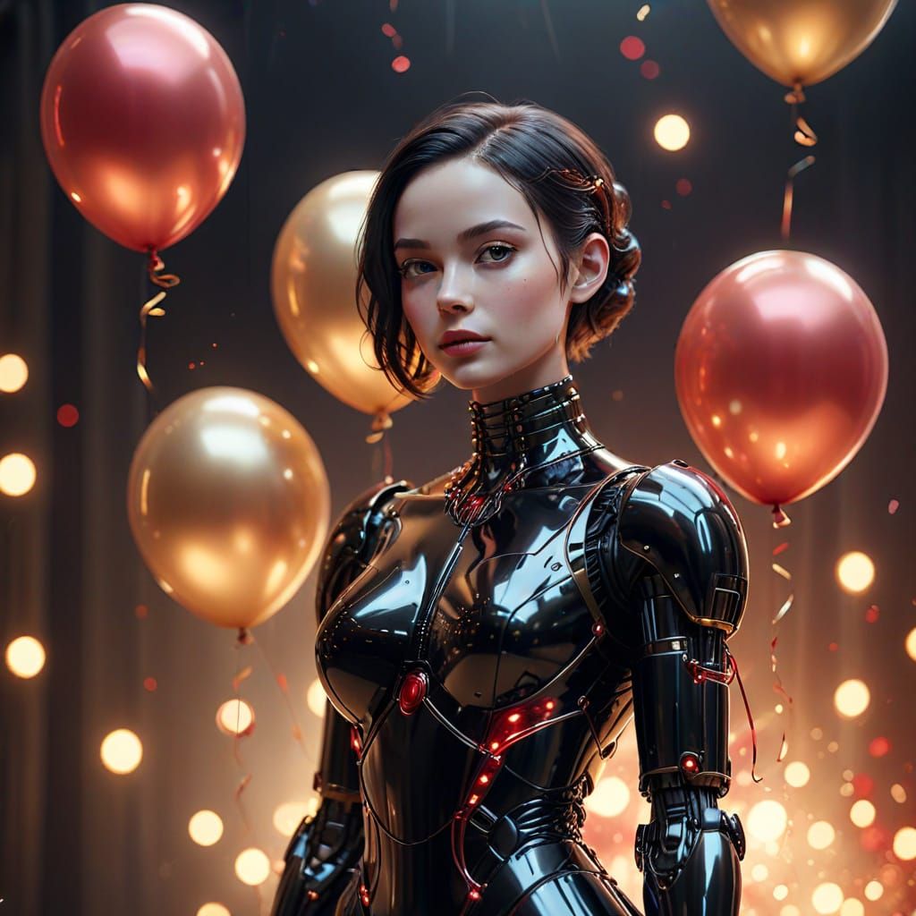 Elegant Female Robot with Balloons in Digital Art