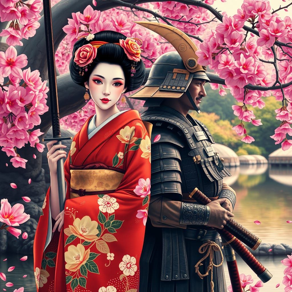 Geisha and Samurai in Ukiyo-e Japanese Garden