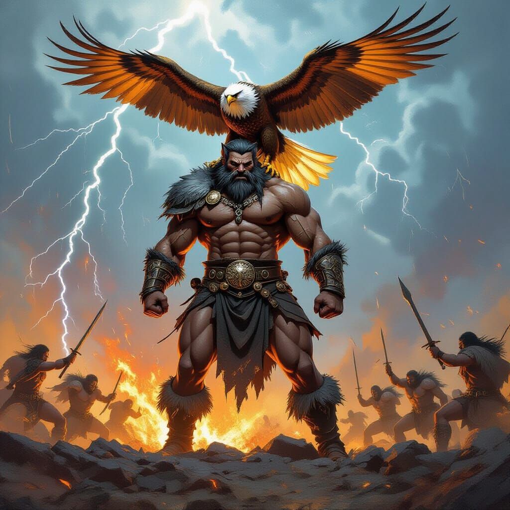 Wolf King Victorious Over Dragon with Fire Eagle, Bold Lines...