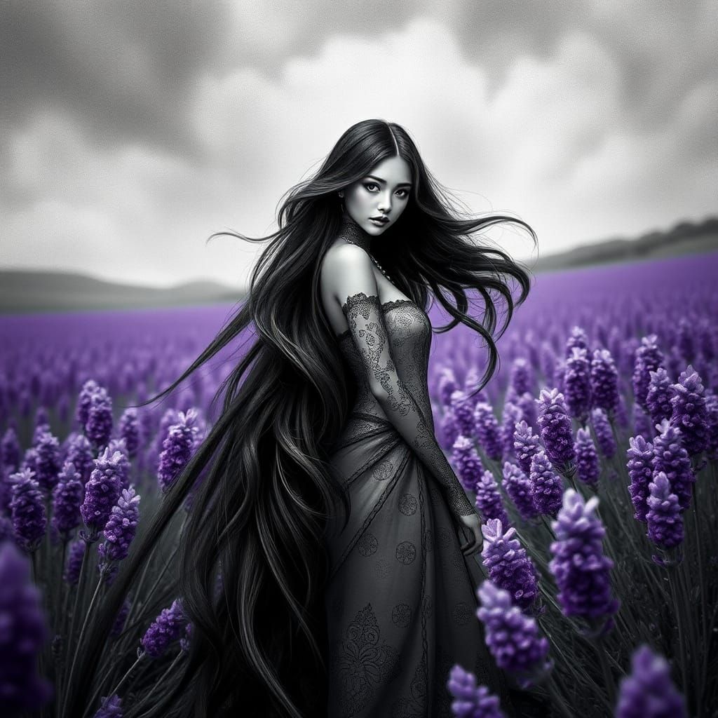 Girl in Lavender Field: Hyperdetailed Charcoal Drawing