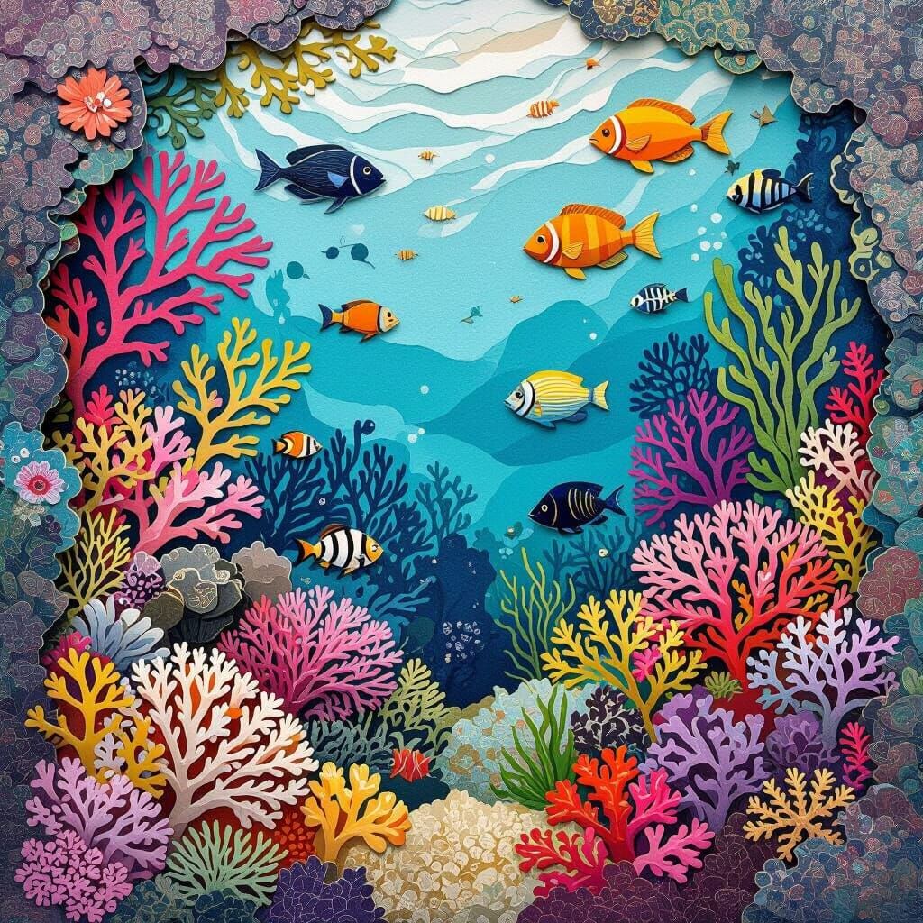 Vibrant Coral Reef Cut Paper Collage Art