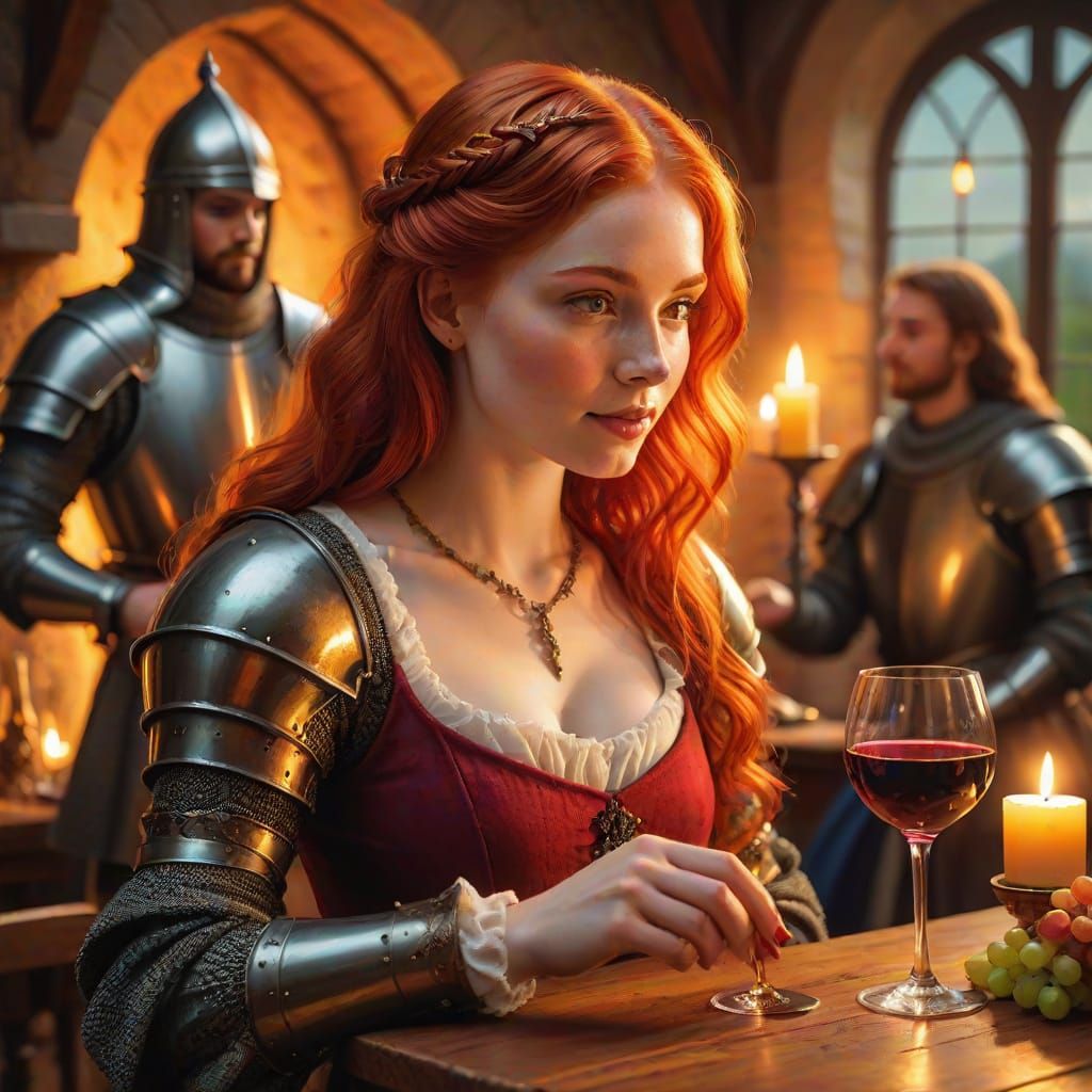 Fantasy Scene: Woman Serves Wine to Knight in Warm Oil Paint...