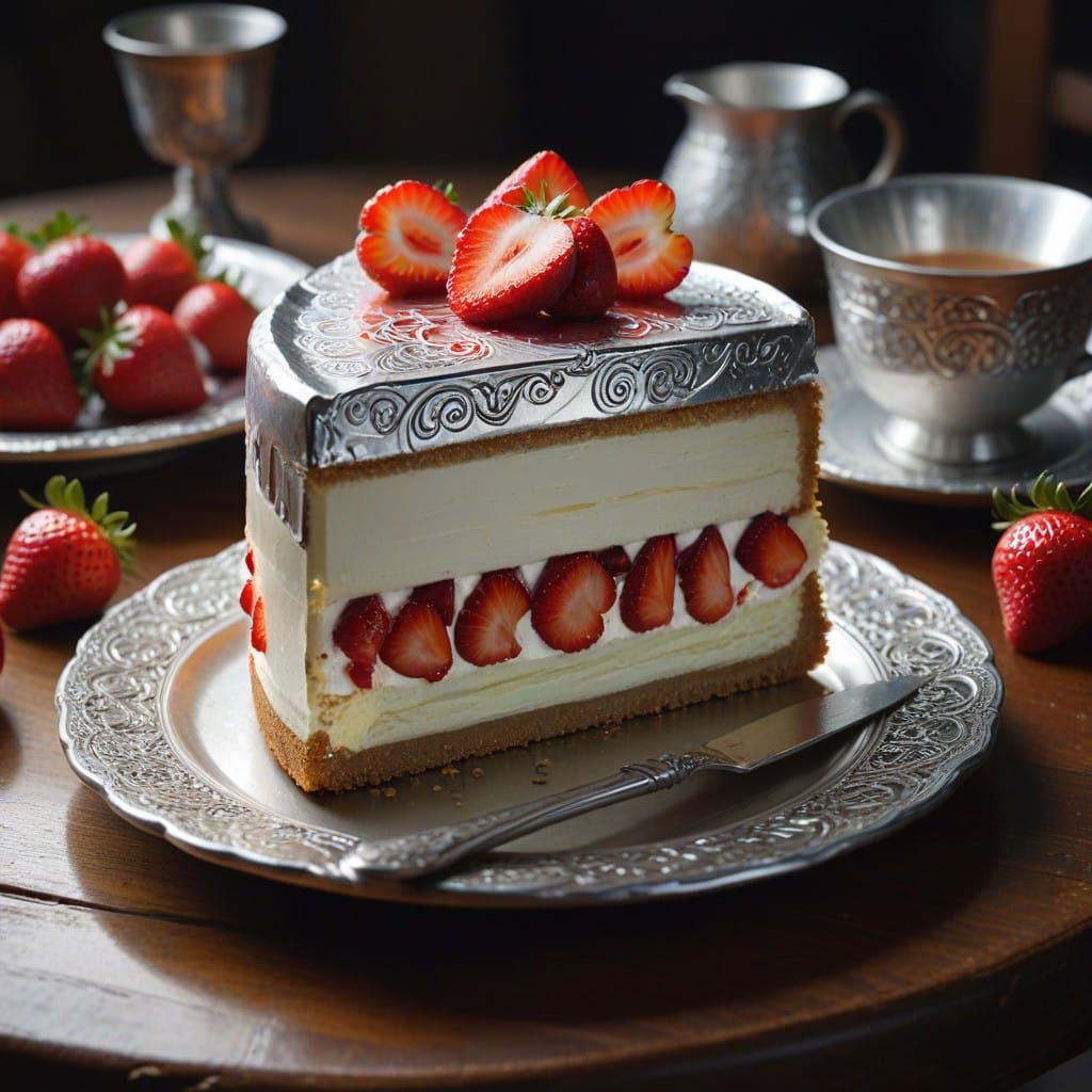 Surreal Impressionist Dessert Scene with Silver Foil and Cel...