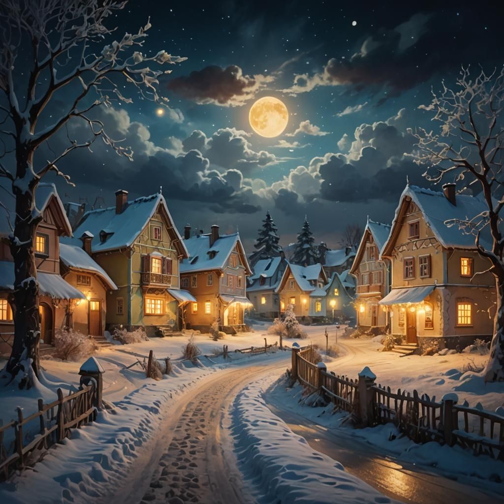 Enchanted Winter Night with Bulgarian Revival Houses