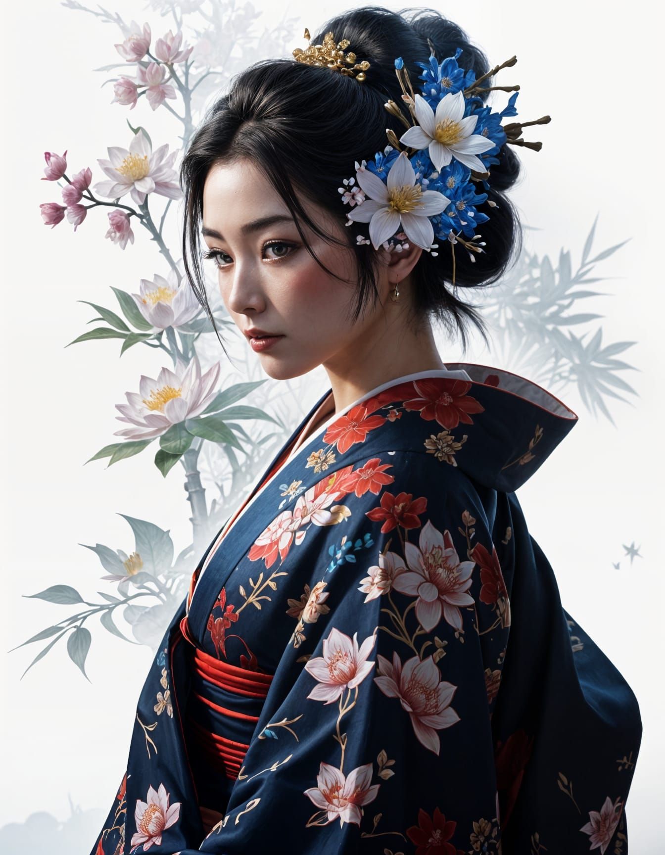 Geisha with Lotus Kimono and Mount Fuji Backdrop