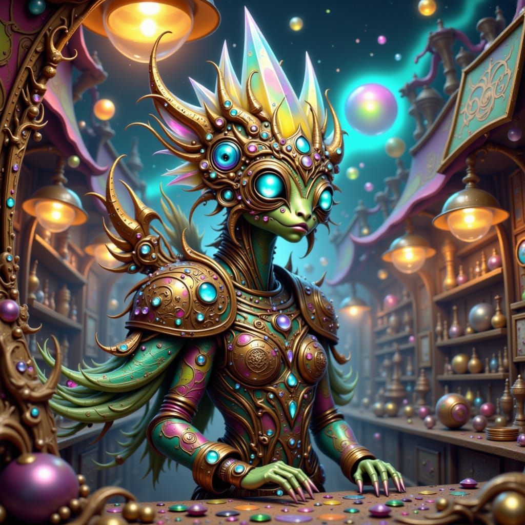 Alien Merchant Showcasing Clockwork Gadgets in Art Deco Styl...