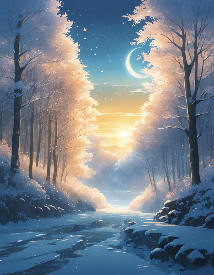 Icy Butterfly Riverscape in Anime Style