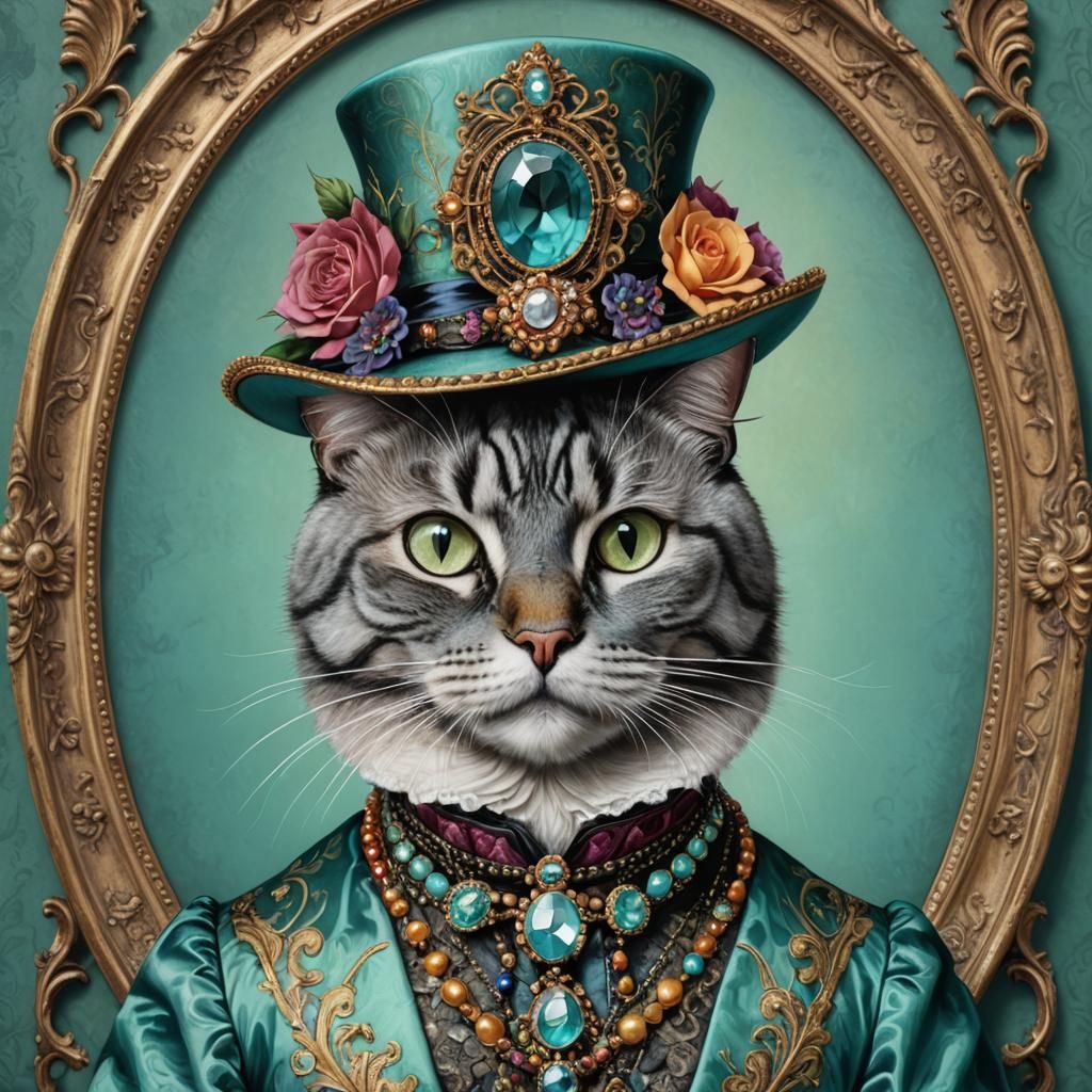 Gothic Victorian Cat Portrait with Aqua Backdrop