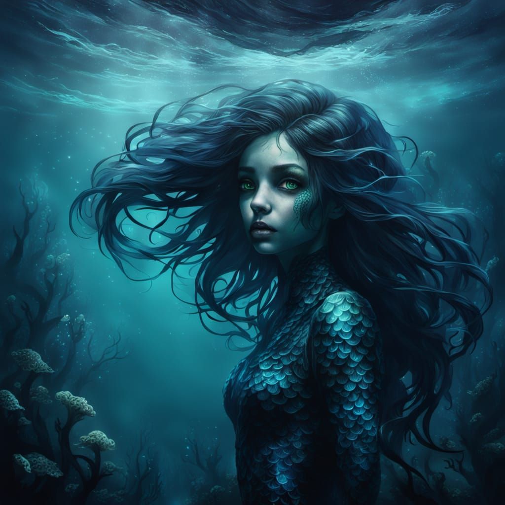 Dark Mermaid Swimming Underwater in Gothic Style