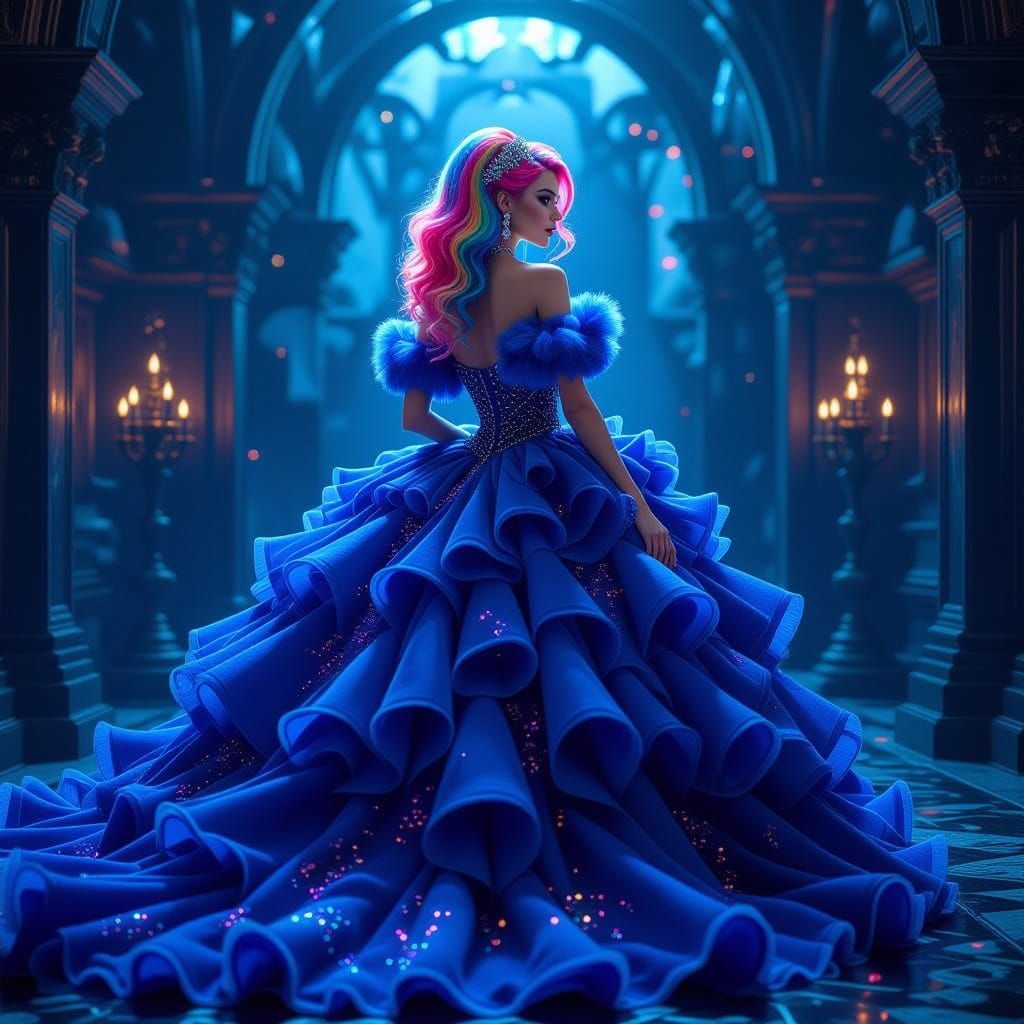 Woman in Fluffy Midnight Blue Gown with Multi-Colored Hair