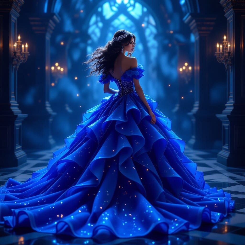Woman in Midnight Blue Ball Gown with Flowing Hair