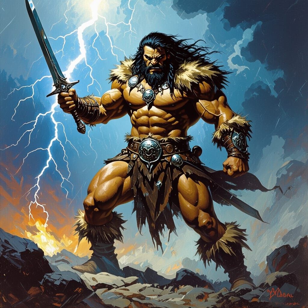 Barbarian Warrior Summons Lightning in Dark Fantasy Landscap...