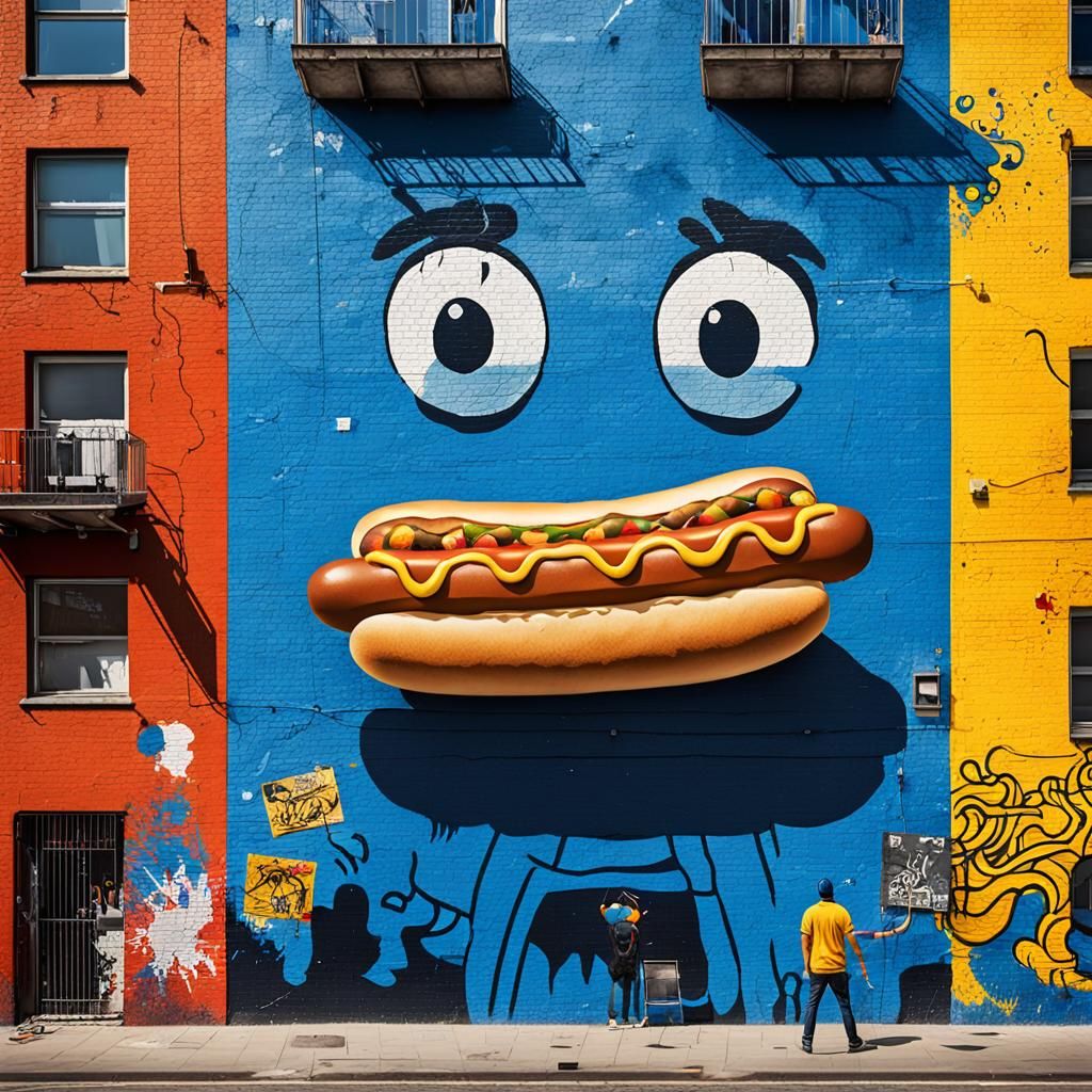 Giant Hot Dog Graffiti in Urban Street Art Style