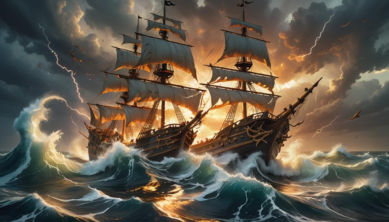 Pirate ship with all its sails flying, on a storm