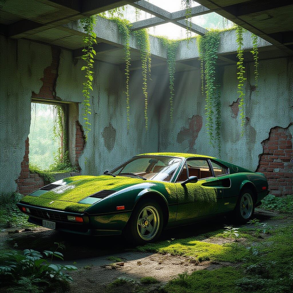 Moss-Covered Ferrari in Abandoned Structure