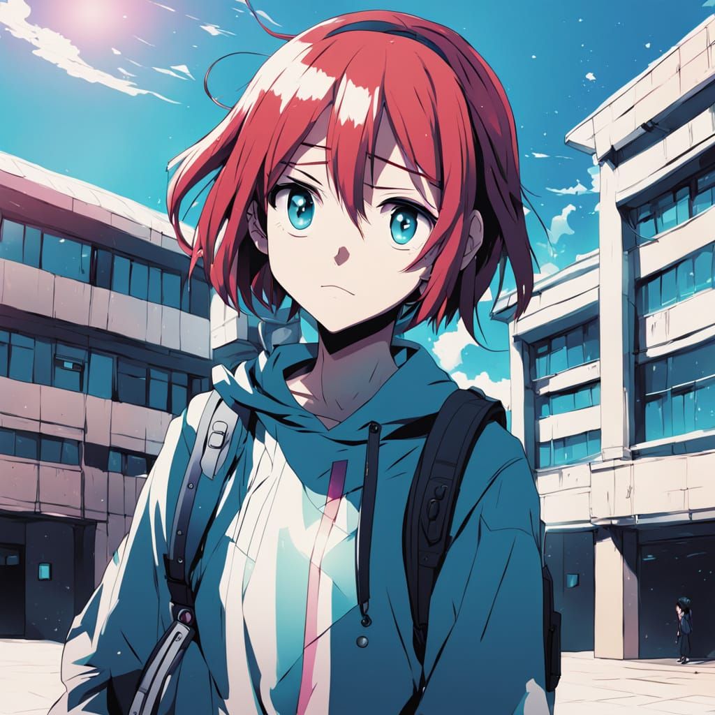 Vibrant Anime Boy in High School Courtyard