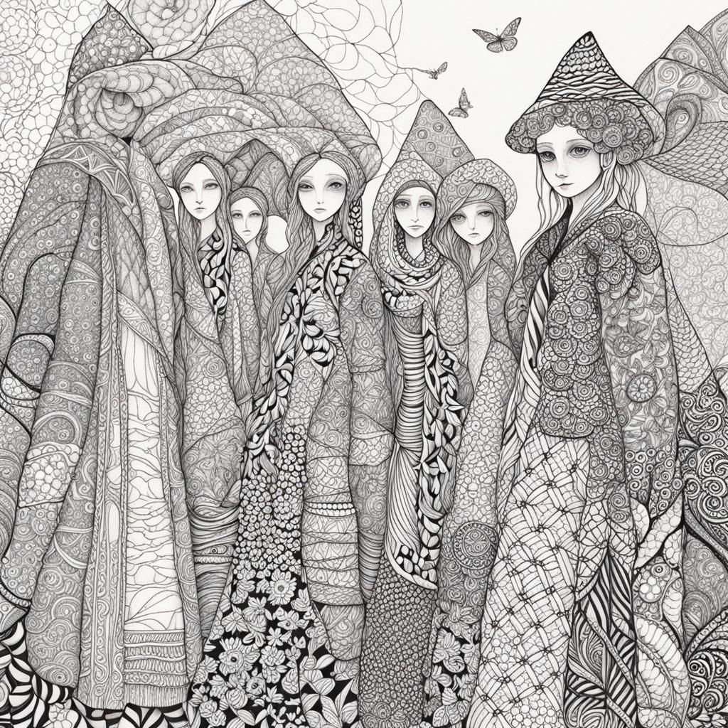 Ethereal Figures in a Zentangle Landscape