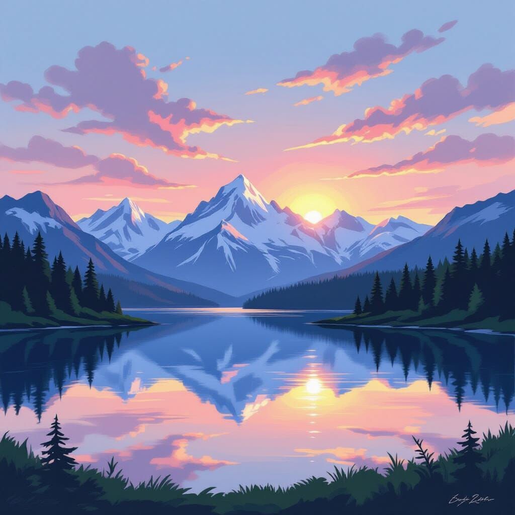 Snowy Mountains at Sunrise in Atmospheric Style