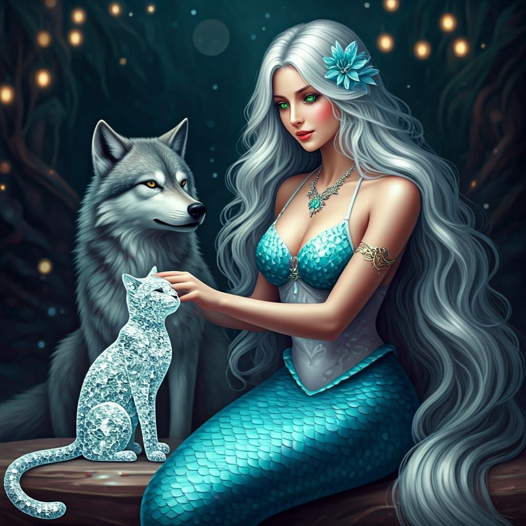 Mermaid Petting Diamond Cat and Wolf in 3D