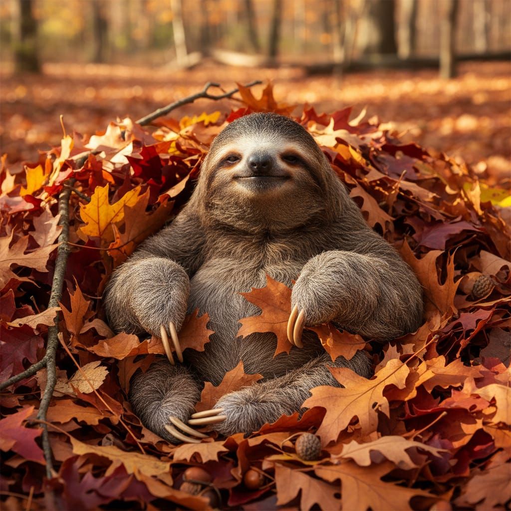 Smiling Sloth Relaxing in Autumn Leaves