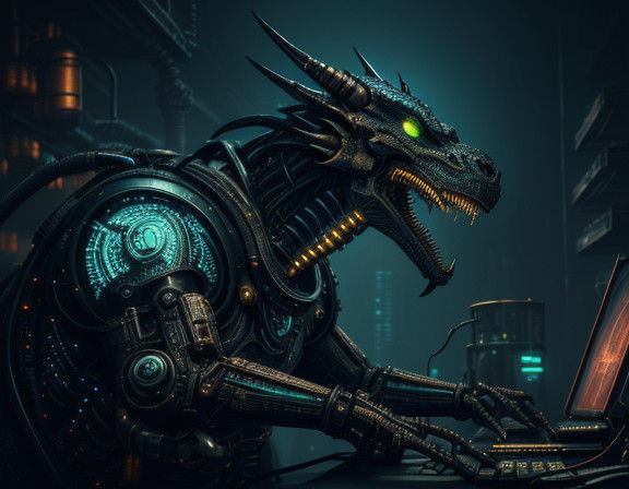 Cybernetic Dragon Masterpiece in Dark Gothic Steampunk Labor...