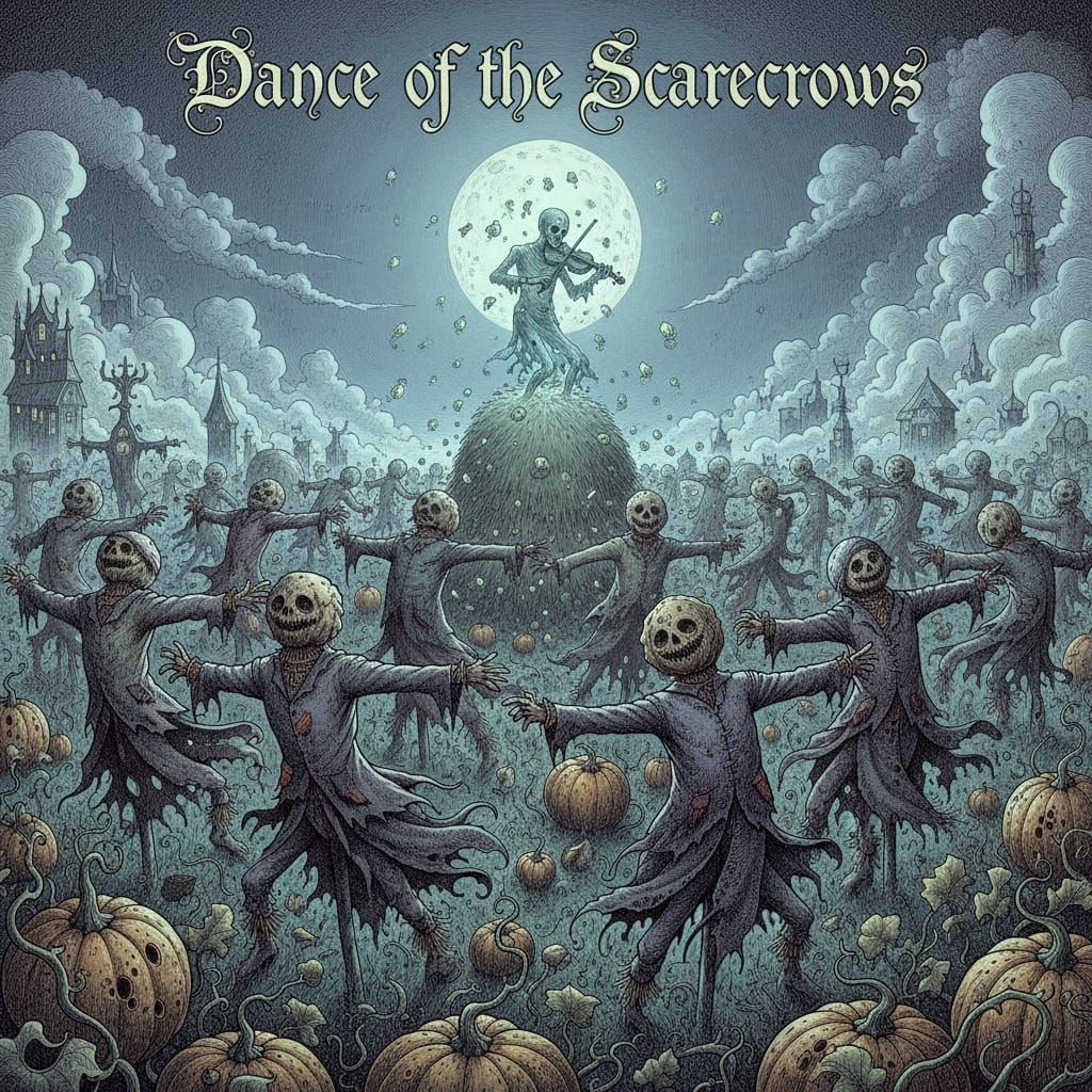 Surreal Gothic Scarecrow Dance in Moonlit Field