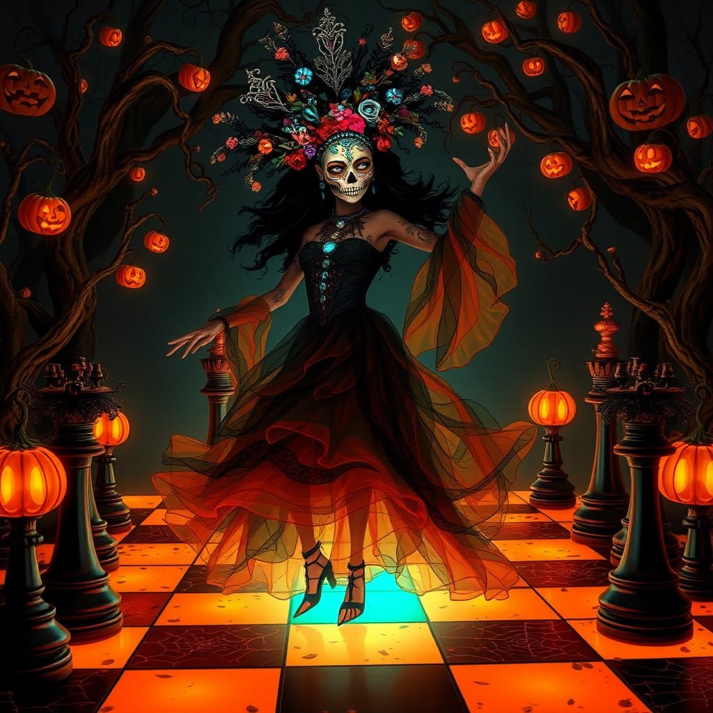 Mystical Sugar Skull Woman Dancing on Chessboard