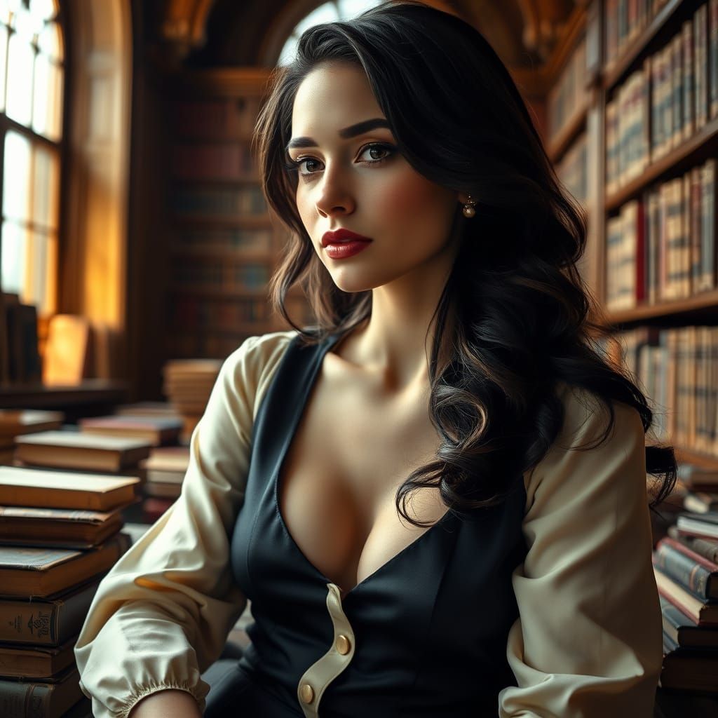 Elegant Female Librarian in Warm, Golden Light