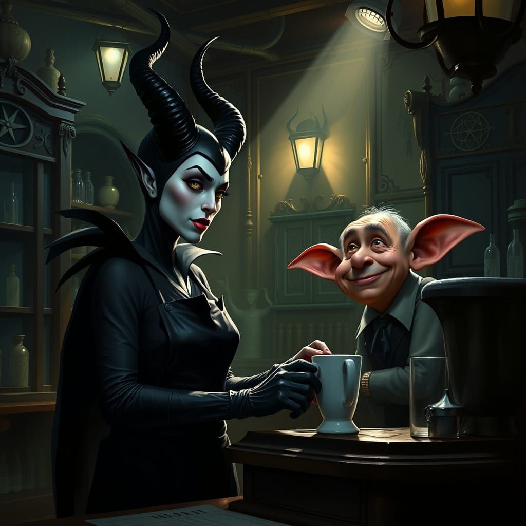Maleficent as Barista Serving Dopey Man in Gothic Coffee Sho...