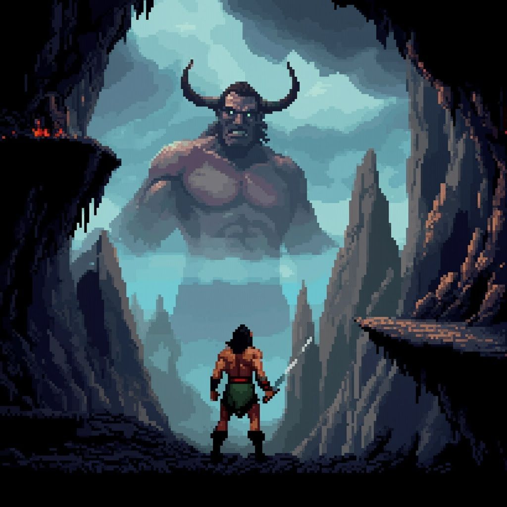 Epic Pixel Art Battle Against Mythical Giant