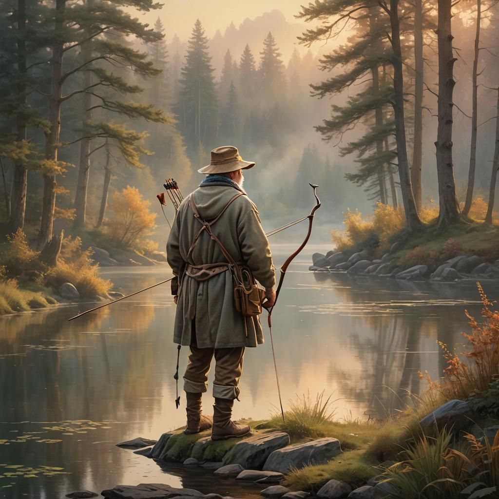 Ethereal Hunter in Misty Fantasy Landscape