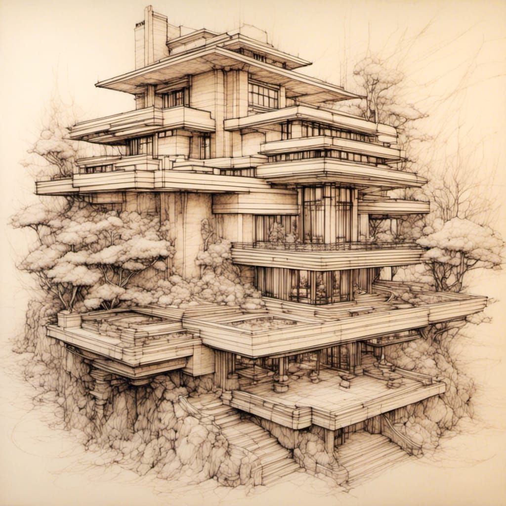 Frank Lloyd Wright Villa: Architectural Sketch in Black Ink