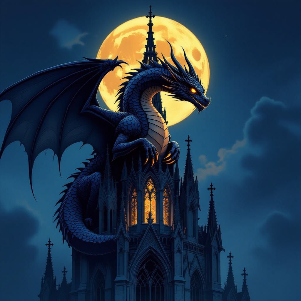 Ancient Obsidian Dragon Coiled on Gothic Cathedral Spire