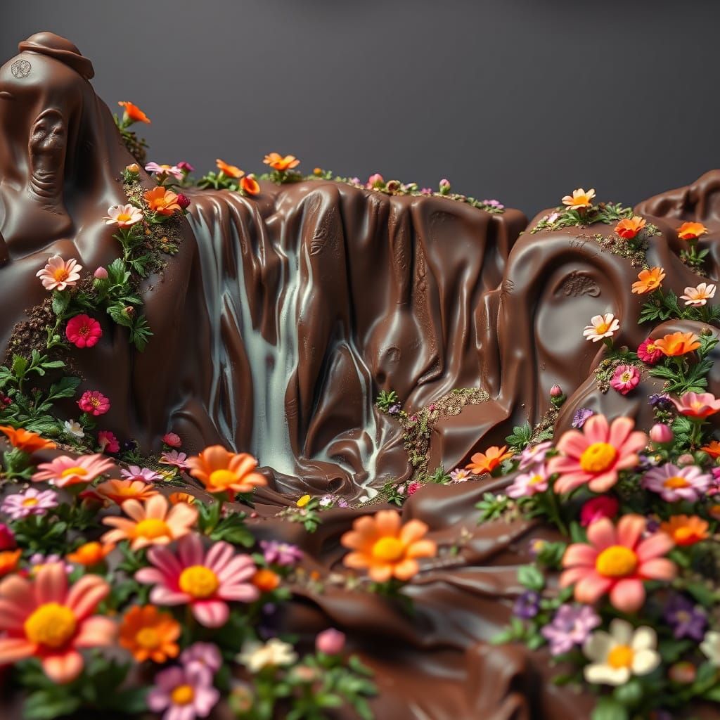 Chocolate Landscape with Waterfalls and Flowers