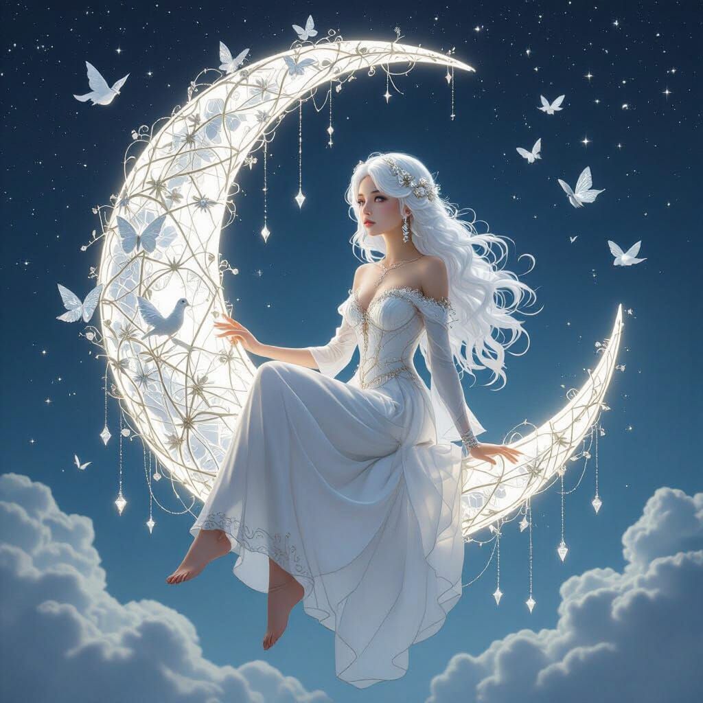 Steampunk Crescent Moon Goddess with Silver Doves