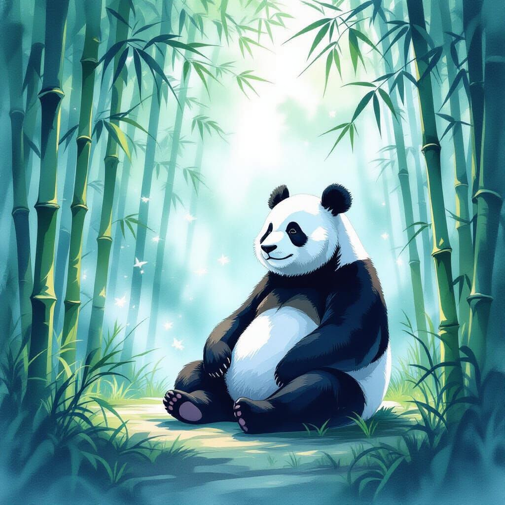 Panda Meditating in Ethereal Bamboo Forest, Watercolor Style