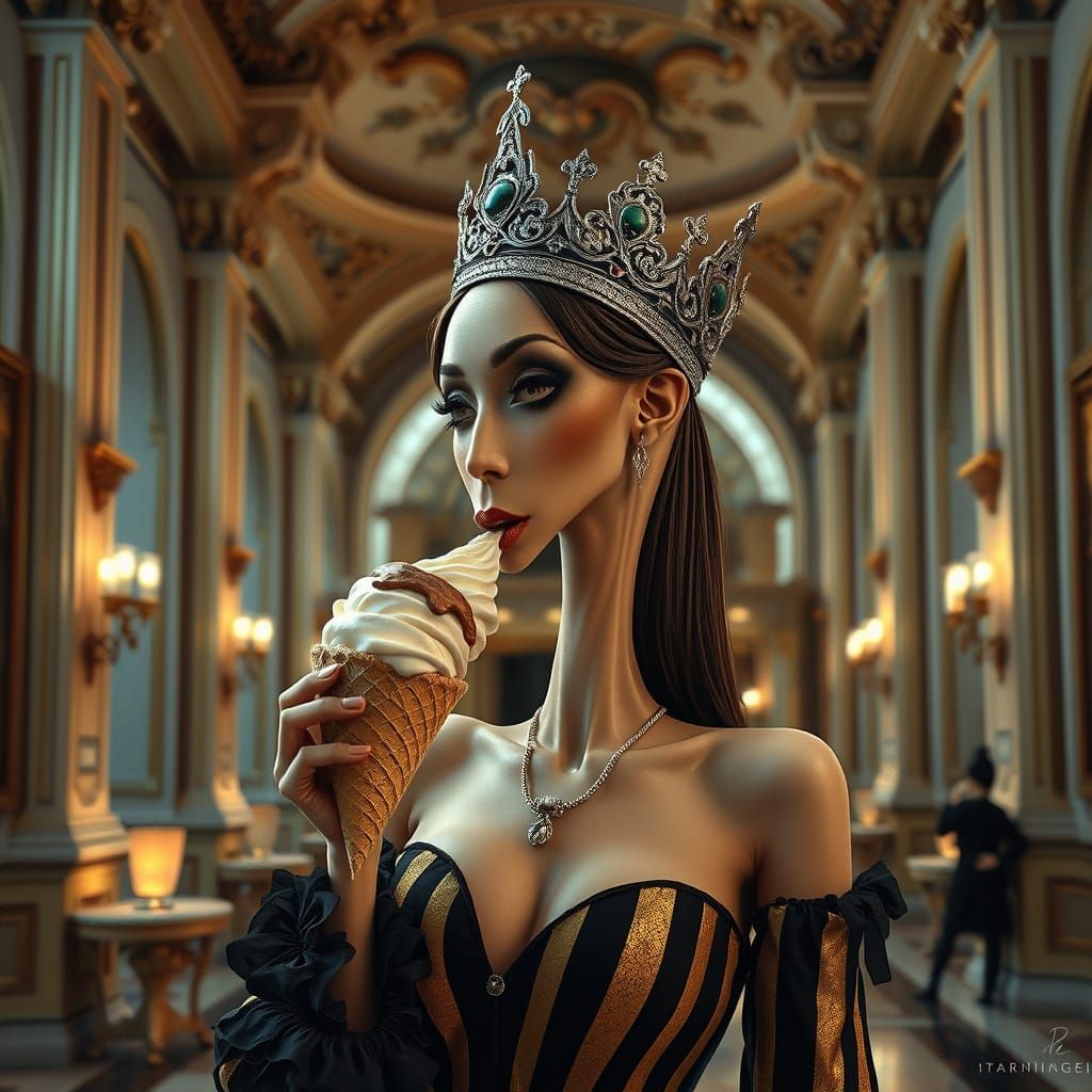 Woman Savoring Ice Cream in Eerie Art Nouveau Style