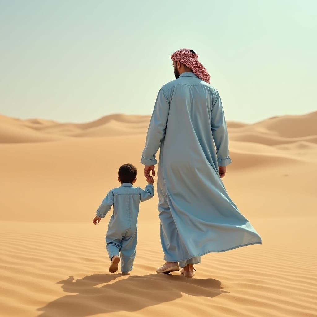 Traditional Emirates Man Strolls with Son in Desert