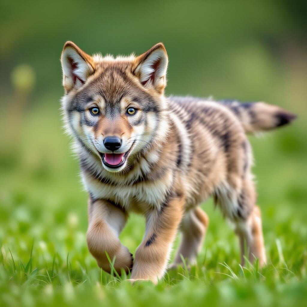 Wolf Pup Playing in the Grass