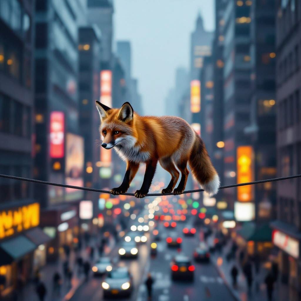 Fox on Tightrope Above Vibrant City at Night