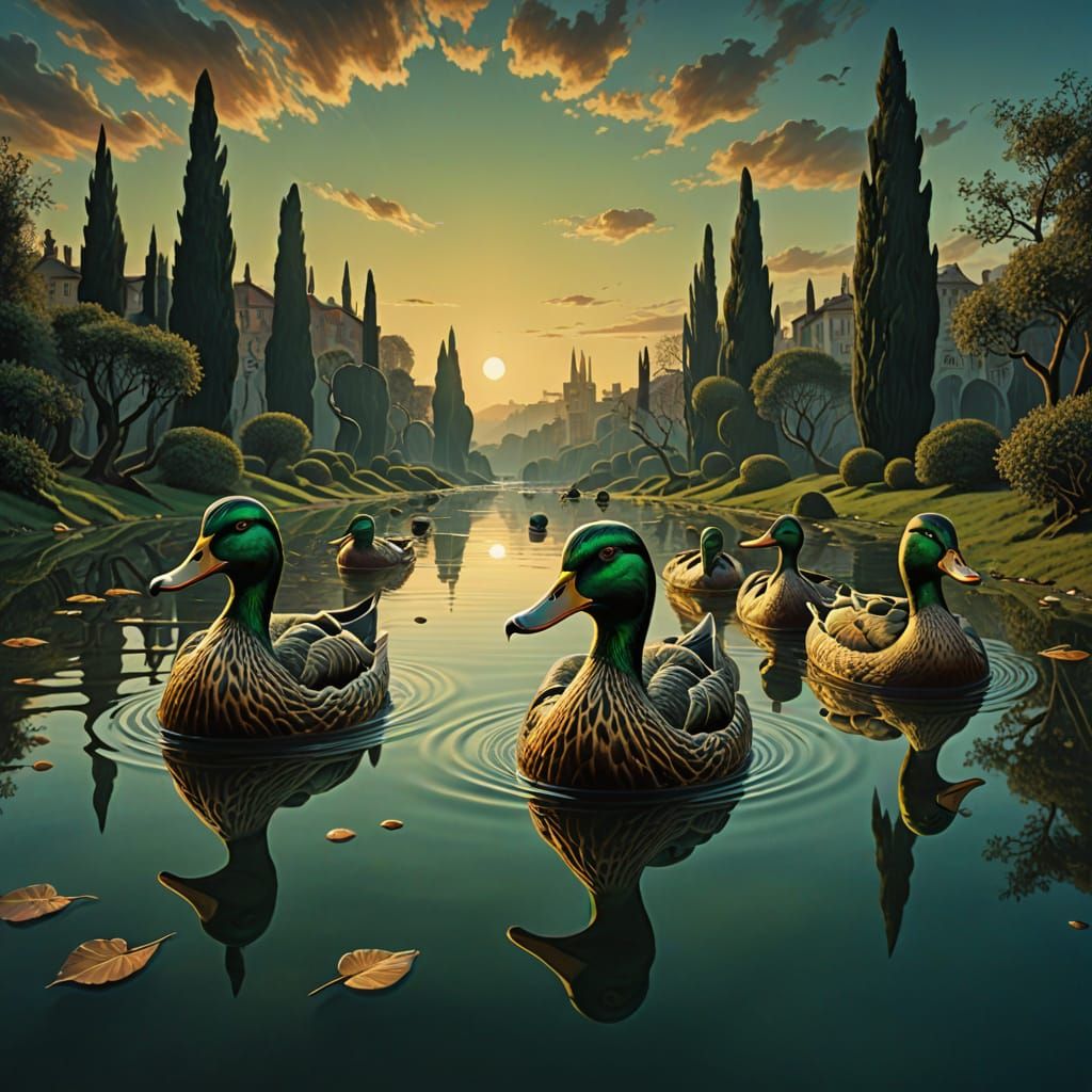 Surreal Mallards Rise in Dreamlike Scene